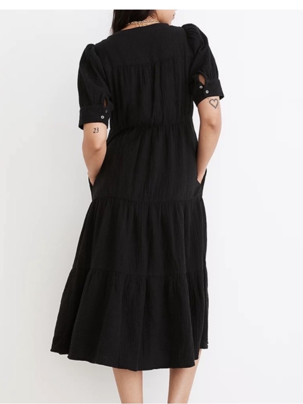 Madewell Lightspun Button-Front Tiered Midi Dress Black Button-Front size 16 - Picture 8 of 9